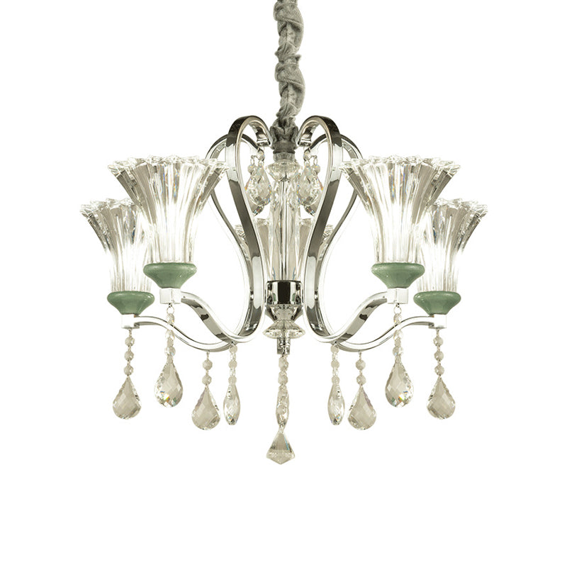 5 Bulbs Bell Shade Chandelier Lighting Modern Stylish Glass and Crystal Pendant Lighting in Green Finish