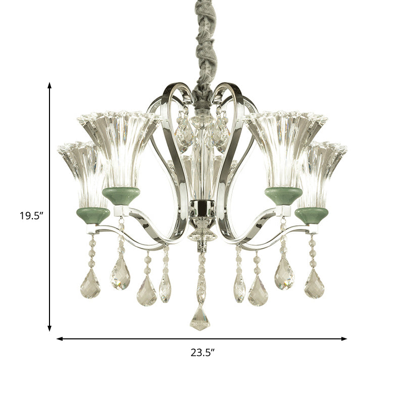 5 Bulbs Bell Shade Chandelier Lighting Modern Stylish Glass and Crystal Pendant Lighting in Green Finish