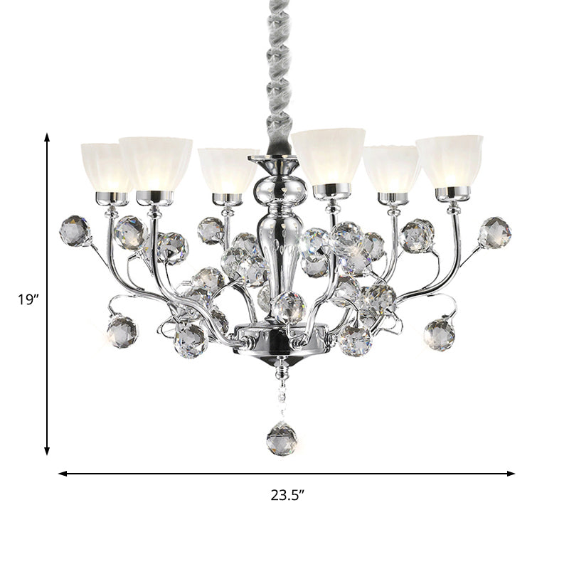 Frosted Glass Conic Chandelier Lighting with Crystal Ball Modernist 6 Lights Hanging Pendant Light in Polished Chrome