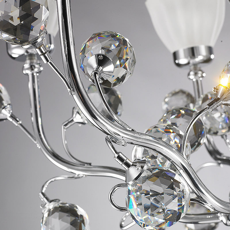 Frosted Glass Conic Chandelier Lighting with Crystal Ball Modernist 6 Lights Hanging Pendant Light in Polished Chrome