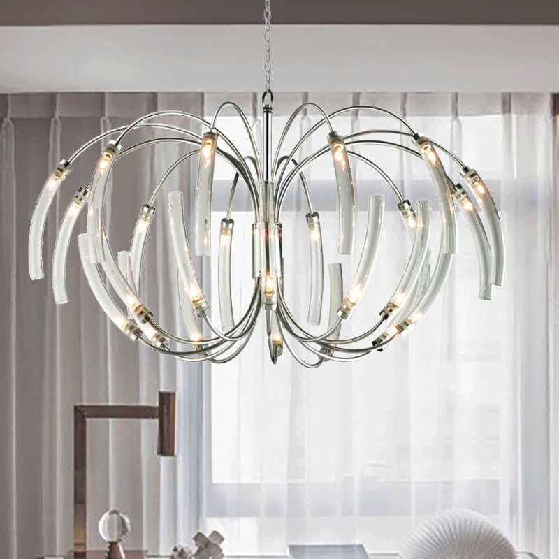 Curved Tube Chandelier Lamp Contemporary Style Clear Glass 16/24 Lights Chrome Hanging Light Fixture