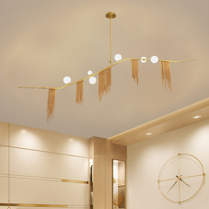 Golden Linear Chandelier Pendant Light with Bubble Shade Modern 6/9 Heads Opal Glass Hanging Fixture for Bedroom