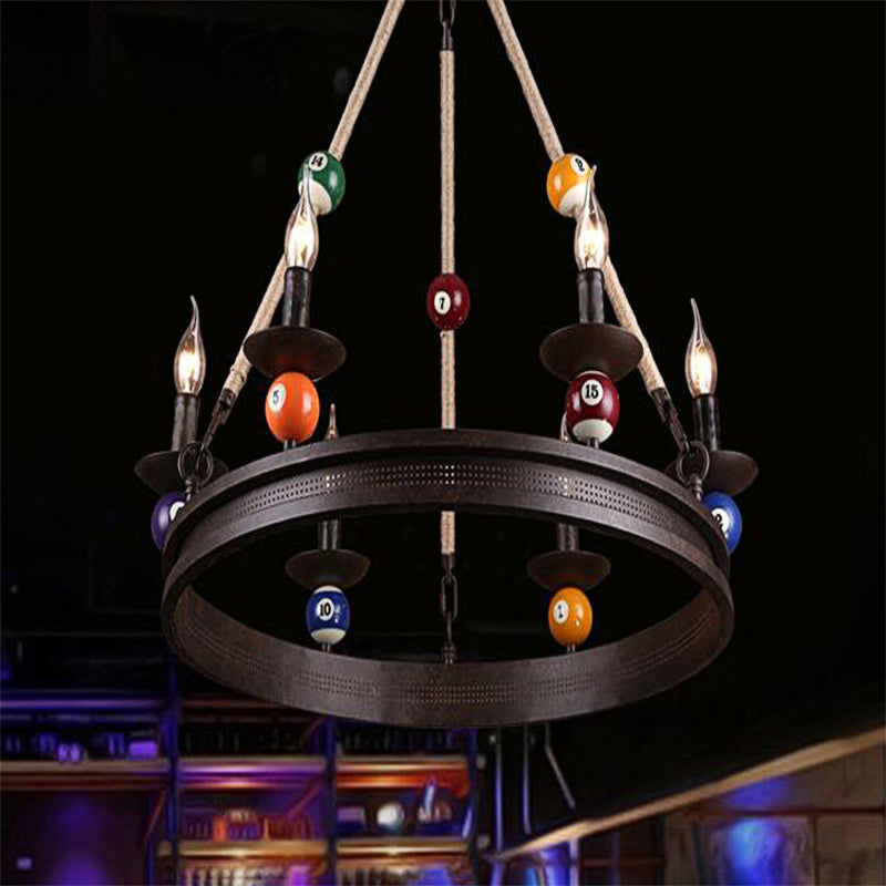 6 Bulbs Chandelier Lighting Industrial Ring Metallic Pendant Light Fixture with Rope and Billiard Ball Deco in Rust