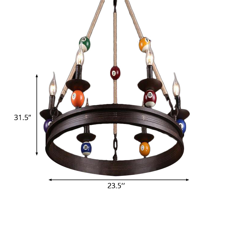 6 Bulbs Chandelier Lighting Industrial Ring Metallic Pendant Light Fixture with Rope and Billiard Ball Deco in Rust