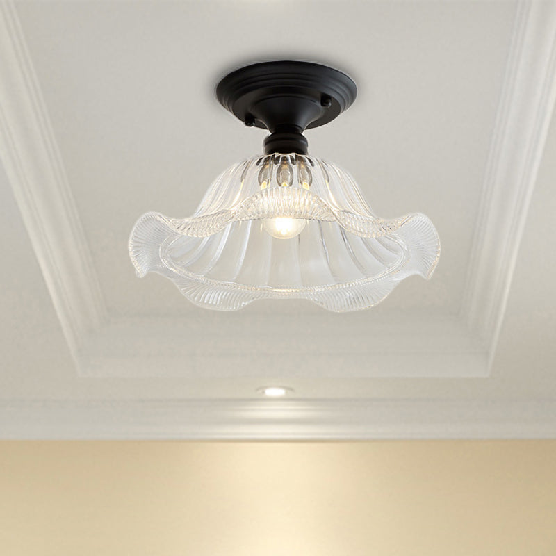 One Light Semi Flush Vintage Textured Glass Barn/Dome/Wavy Living Room Ceiling Lighting in Clear