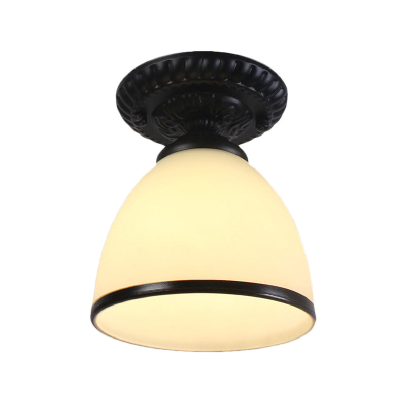 1 Light Barn/Dome/Flower Shade Semi Flush Light Industrial Milky Glass Ceiling Mount for Gallery in Black