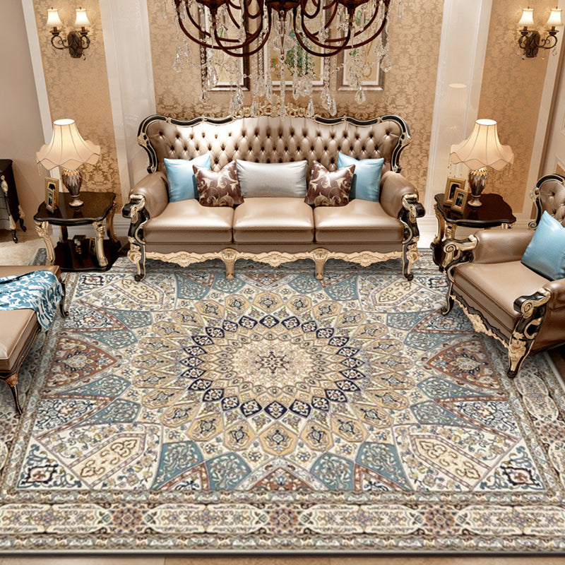 Mediterranean Moroccan Rug in Brown Medallion Irregular Shape Pattern Rug Polyester Non-Slip Carpet for Home Decoration