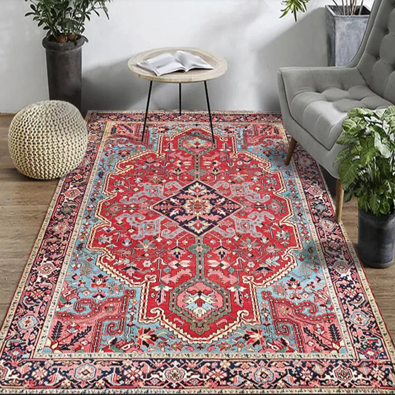 Red Bedroom Rug Moroccan Medallion Floral Pattern Area Rug Polyester Pet Friendly Anti-Slip Backing Carpet