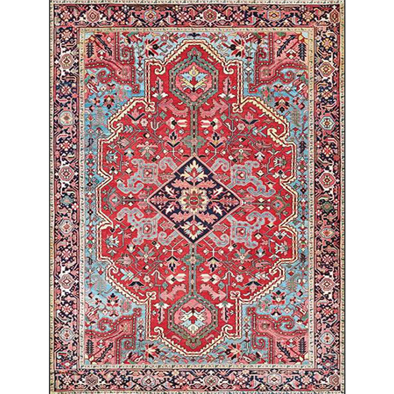 Red Bedroom Rug Moroccan Medallion Floral Pattern Area Rug Polyester Pet Friendly Anti-Slip Backing Carpet