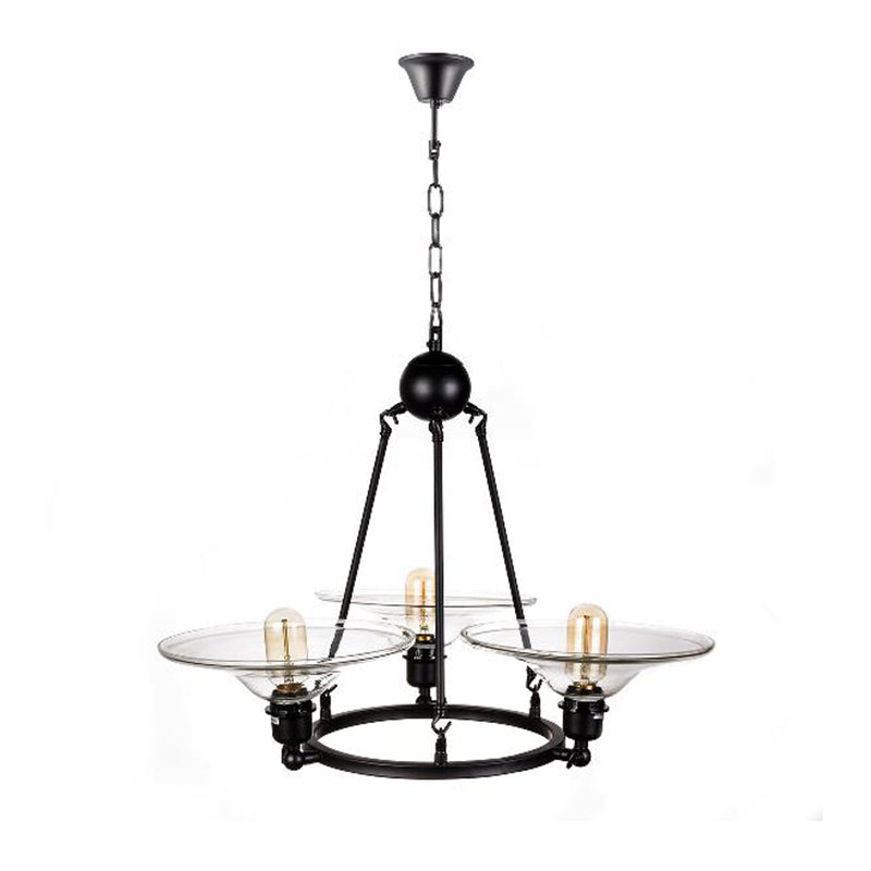 Black 3 Lights Chandelier Light Fixture Antique Clear Glass Cone Pendant Lamp for Living Room