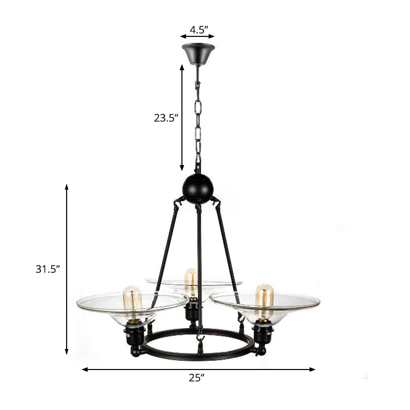 Black 3 Lights Chandelier Light Fixture Antique Clear Glass Cone Pendant Lamp for Living Room