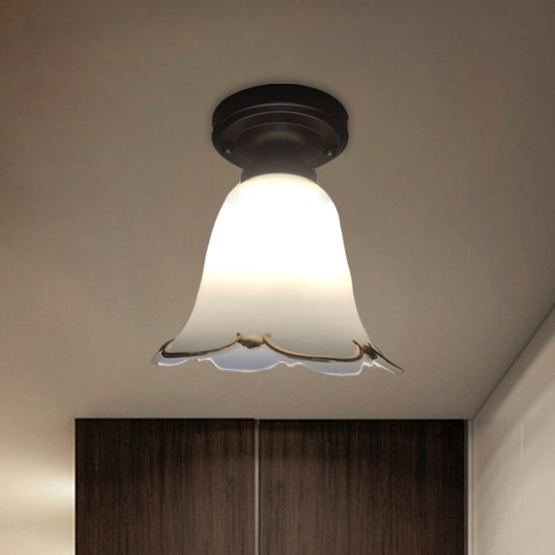 Bloom Hallway Ceiling Light Rustic Style White Glass 1 Bulb Black Flush Mount Fixture