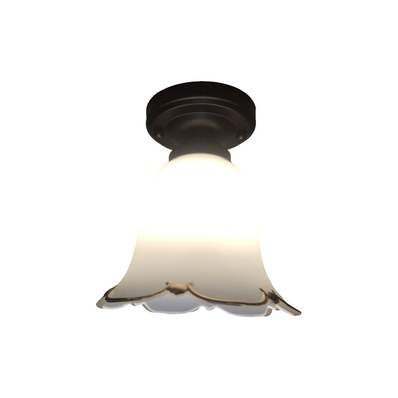 Bloom Hallway Ceiling Light Rustic Style White Glass 1 Bulb Black Flush Mount Fixture