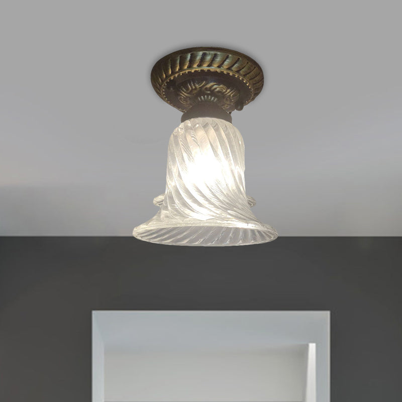 Bell Corridor Flush Mount Fixture Warehouse Clear Ribbed Glass Single Light Black Ceiling Lighting