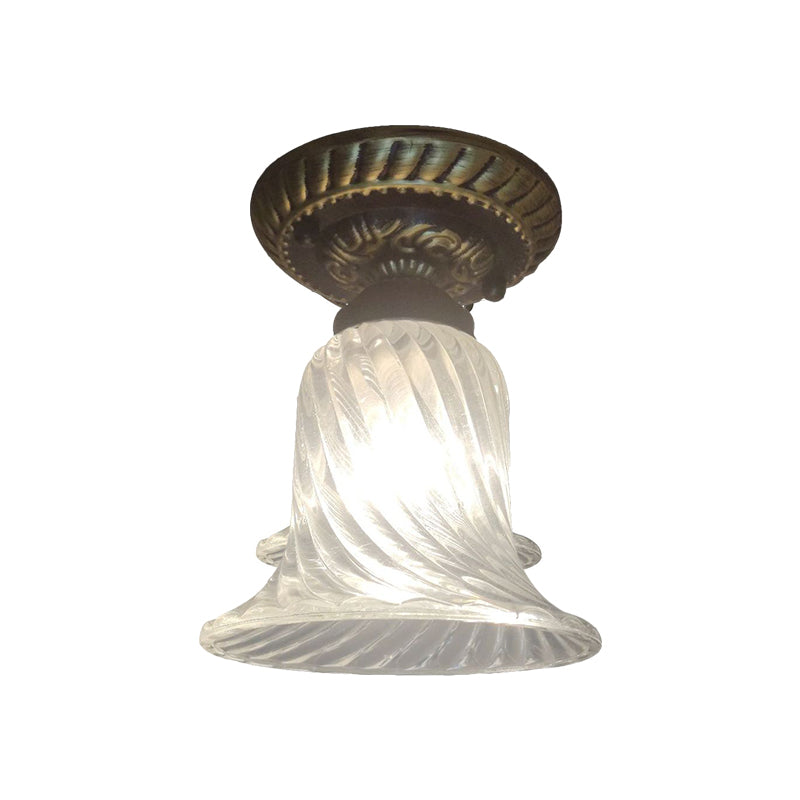 Bell Corridor Flush Mount Fixture Warehouse Clear Ribbed Glass Single Light Black Ceiling Lighting