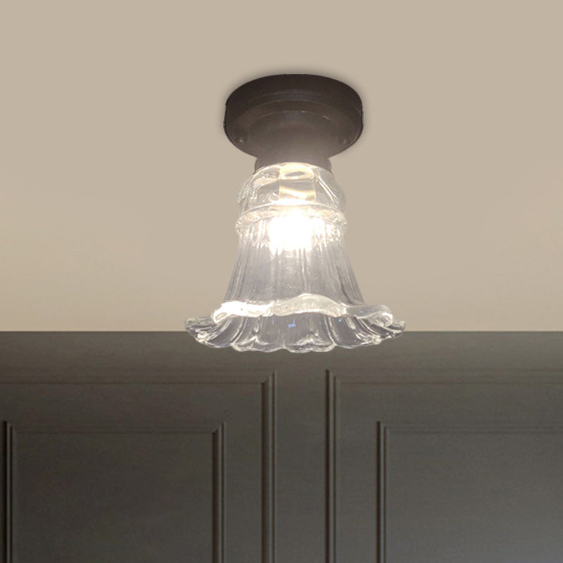 Landelijke stijl bloesem flush mount lamp 1 kop gecanneleerd helder glazen plafondarmatuur in zwart