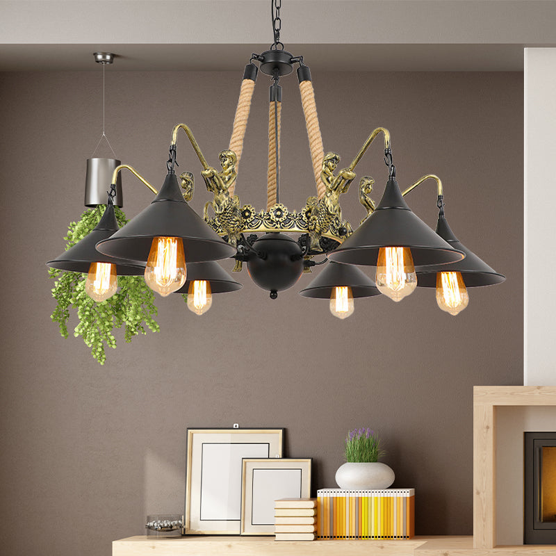 Industrial Bell Chandelier Light 6/8 Bulbs Metal and Rope Suspension Light with Mermaid Deco in Black