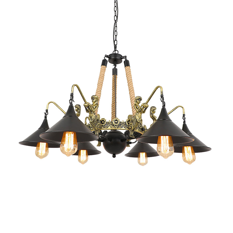 Industrial Bell Chandelier Light 6/8 Bulbs Metal and Rope Suspension Light with Mermaid Deco in Black