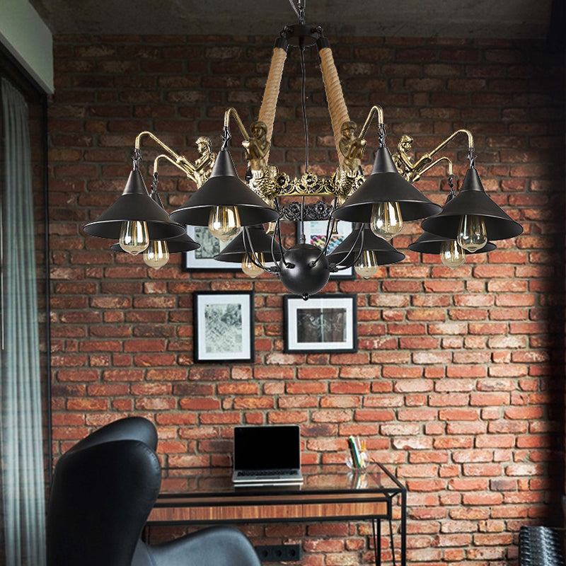 Industrial Bell Chandelier Light 6/8 Bulbs Metal and Rope Suspension Light with Mermaid Deco in Black