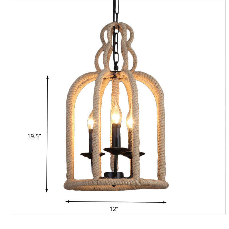 3 Heads Pendant Light Fixture Retro Style Birdcage Rope Hanging Lamp in Brown for Dining Room