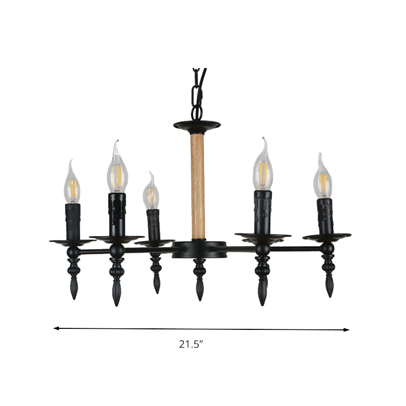 Black Finish Candle Chandelier Lamp Antique Metal and Wood 6 Heads Restaurant Chandelier Pendant Light