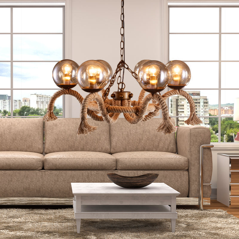 6 Lights Global Chandelier Lighting Retro Rust Finish Rope Suspension Light with Smoke Grey Glass Shade