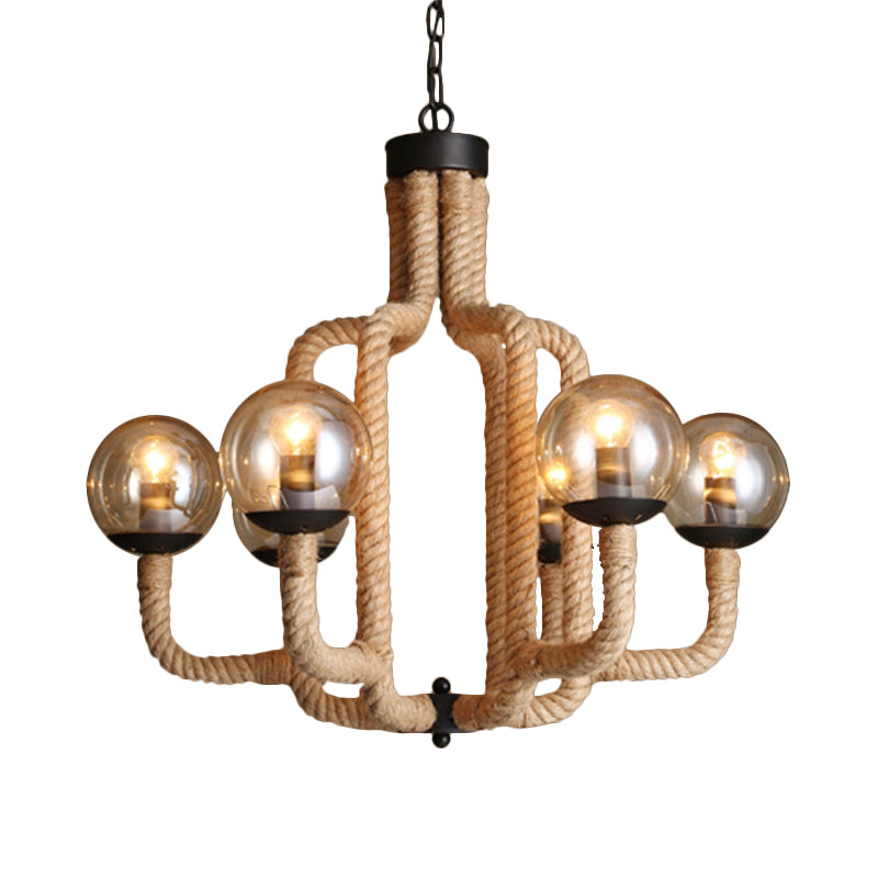 Brown Roped Caged Ceiling Pendant Light Vintage 6 Lights Restaurant Chandelier Lamp with Glass Ball Shade