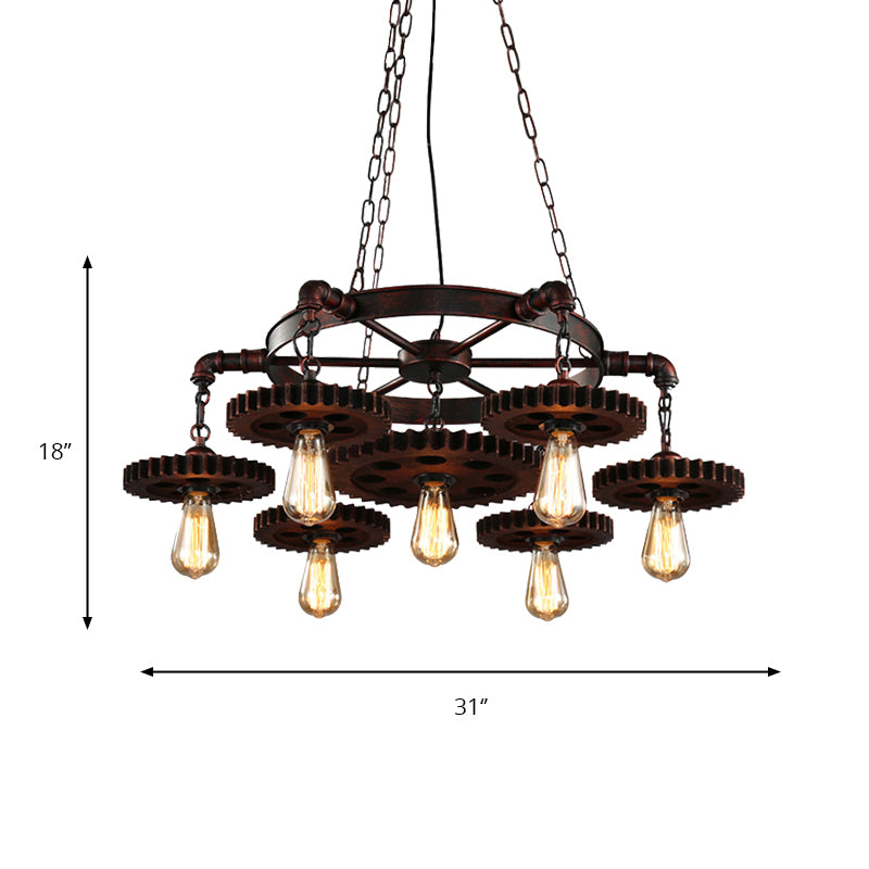 Gear Design Wrought Iron Chandelier Light Retro Style 7 Heads Living Room Pendant Lamp in Rust