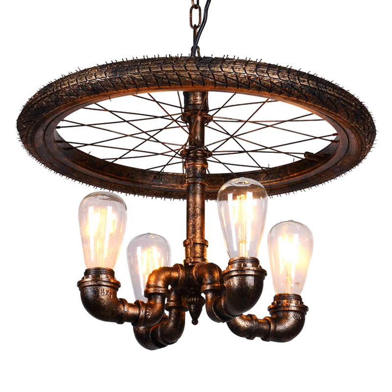 Wheel Design Living Room Chandelier Lamp Vintage Style Metal 4 Lights Rust Pendant Light with Pipe