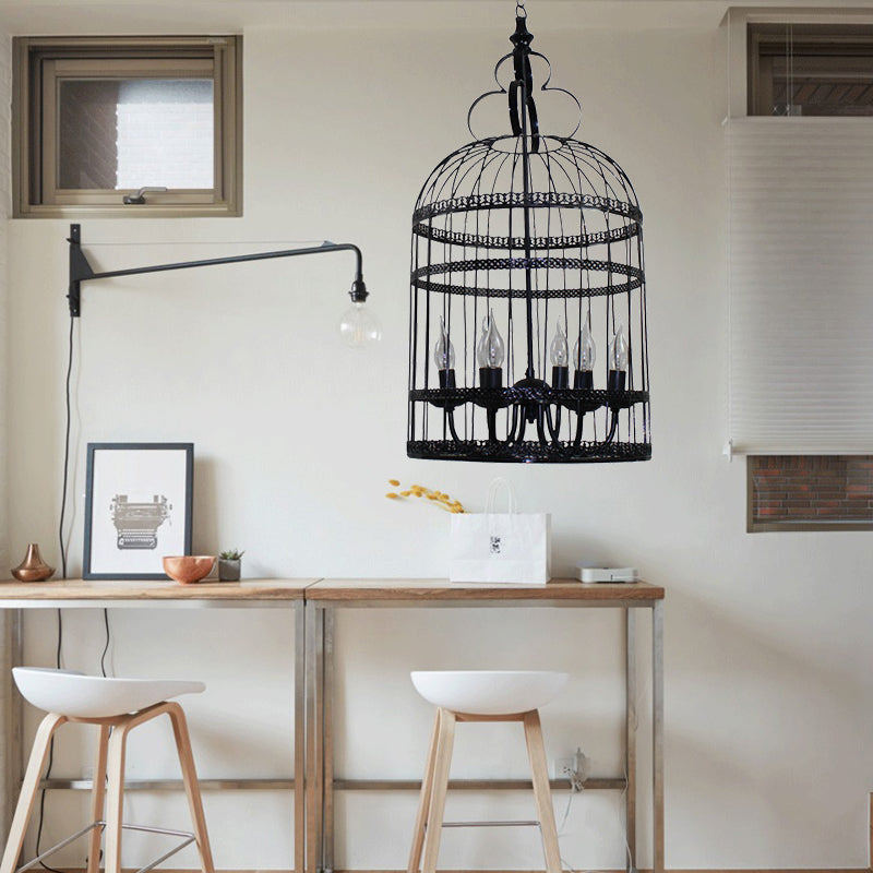 3/6 Bulbs Bird Cage Hanging Light with Candle Creative Industrial Style Black Metallic Chandelier Lamp for Bedroom