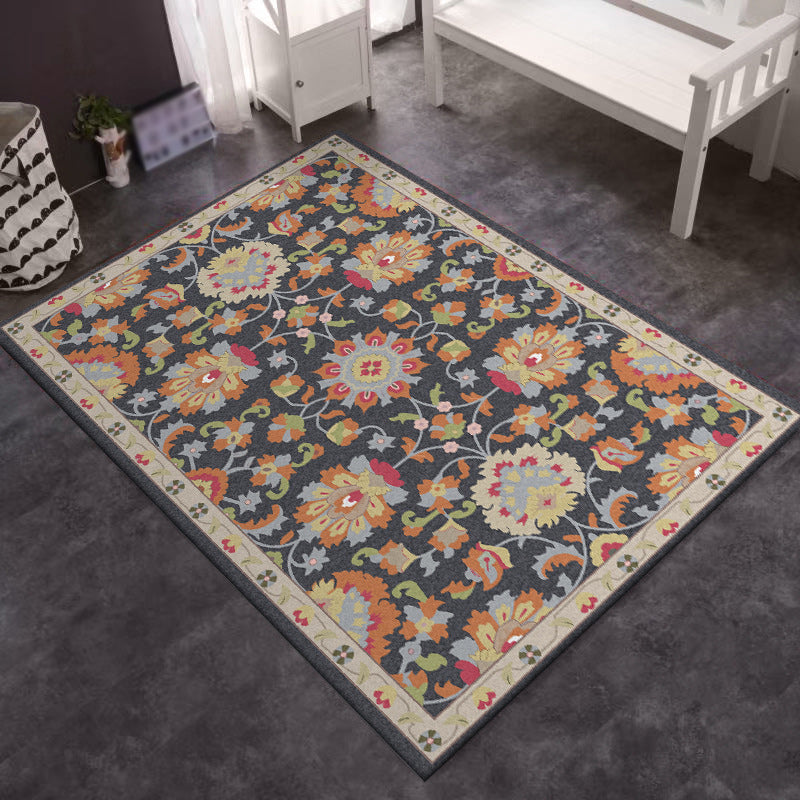Persian Moroccan Rug in Ivory and Grey Flower Leaf Motif Pattern Rug Polyester Washable Carpet for Home Decoration