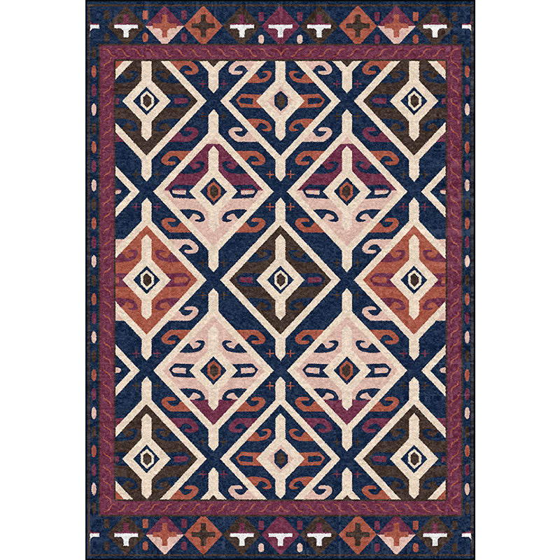 Moroccan Living Room Rug in Blue and Red Diamond Triangle Print Rug Polyester Washable Non-Slip Area Rug