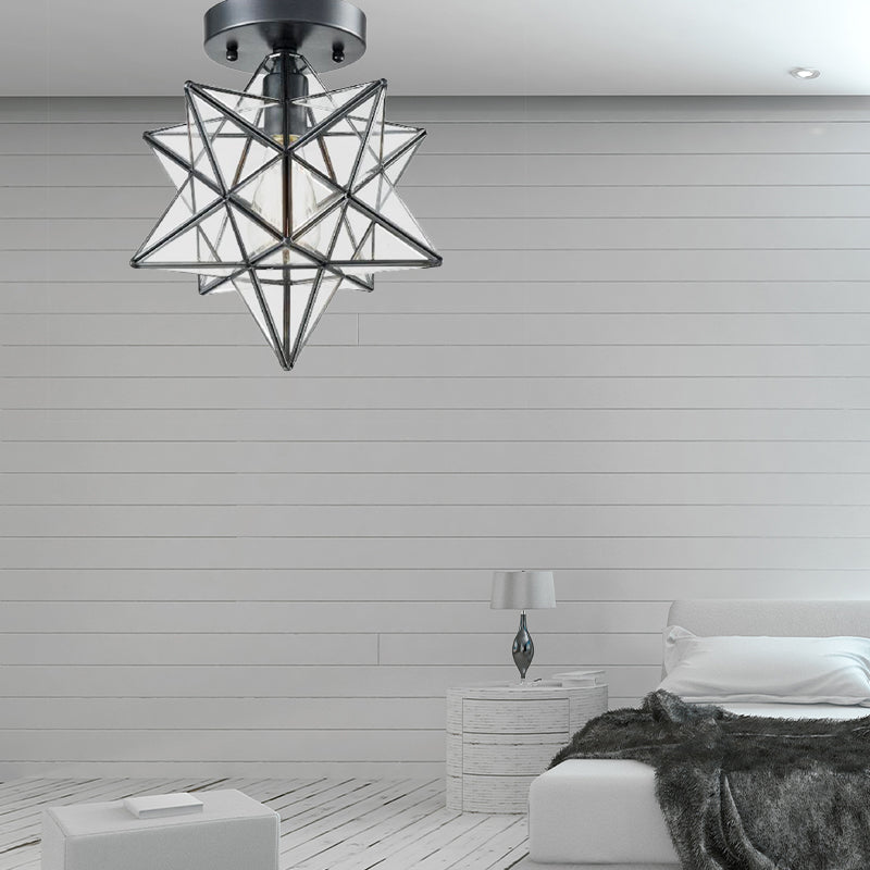 Black One Light Ceiling Mount Modern Clear Glass Star Shade Semi Flush Light for Bedroom