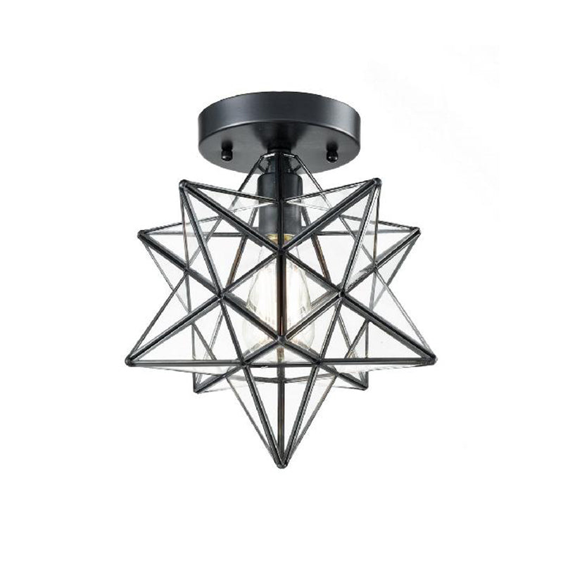 Black One Light Ceiling Mount Modern Clear Glass Star Shade Semi Flush Light for Bedroom