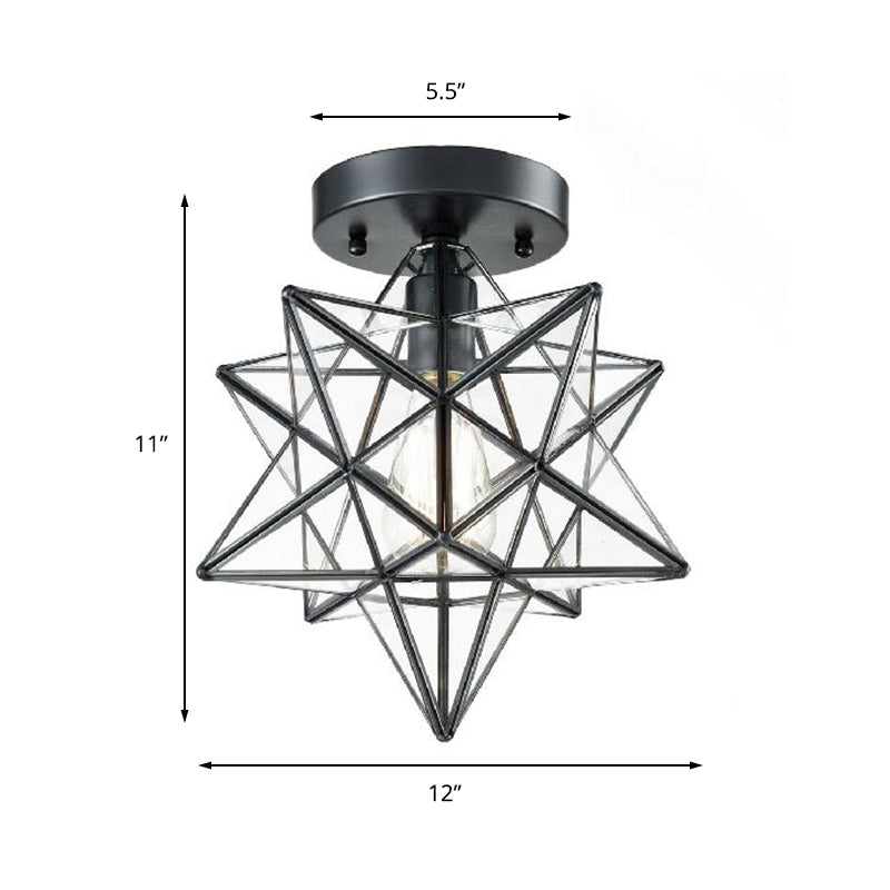 Black One Light Ceiling Mount Modern Clear Glass Star Shade Semi Flush Light for Bedroom