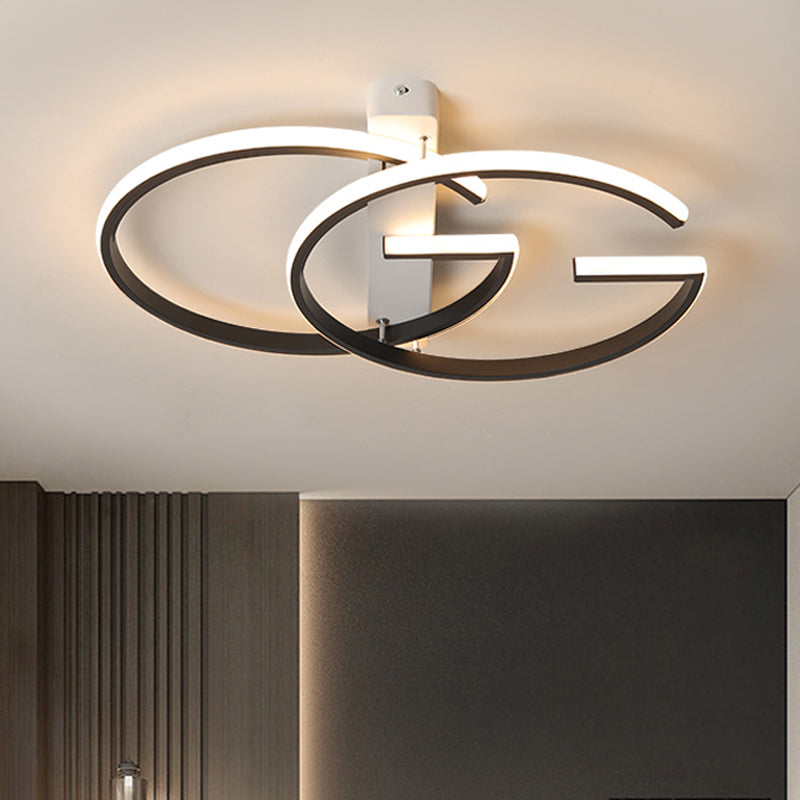 Dual G-Shape Metal Ceiling Lighting Minimalist LED Black Semi-Flush Mount in Warm/White Light, 18"/21.5" Wide