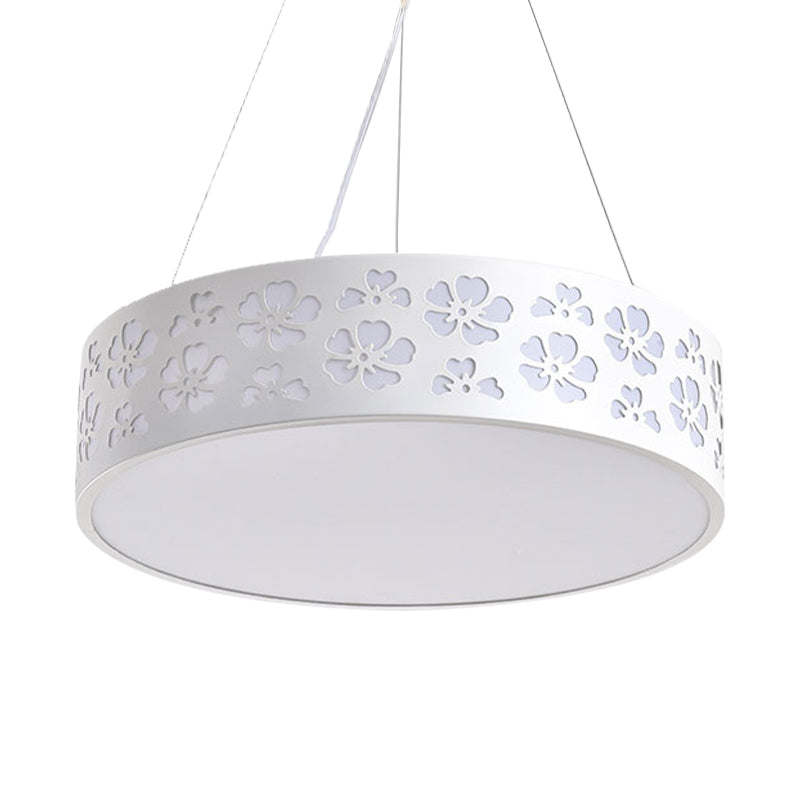 Drum Hanging Light Nordic Metal LED White Ceiling Light with Etched Flower in White/Warm/Natural Light, 12"/15"/19" Wide