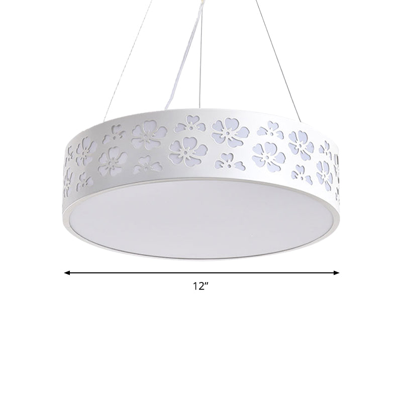 Drum Hanging Light Nordic Metal LED White Ceiling Light with Etched Flower in White/Warm/Natural Light, 12"/15"/19" Wide