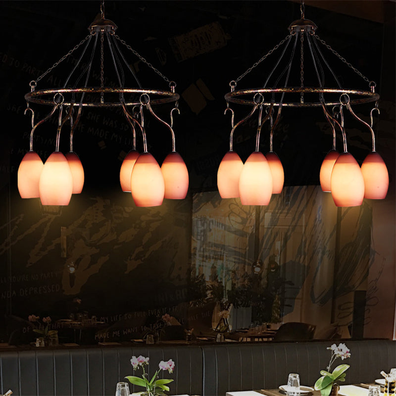 6 Lights Ring Hanging Light with Pink Melon Shade Antique Glass Chandelier for Cafe