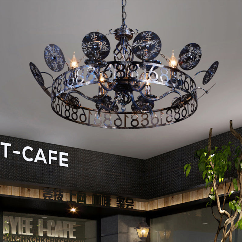 Geätzte kreisförmige Caféhaufen hängend hängendes antikes Schmiedeeisen 6 Köpfe Rost Kronleuchter mit bloßem Glühbirne