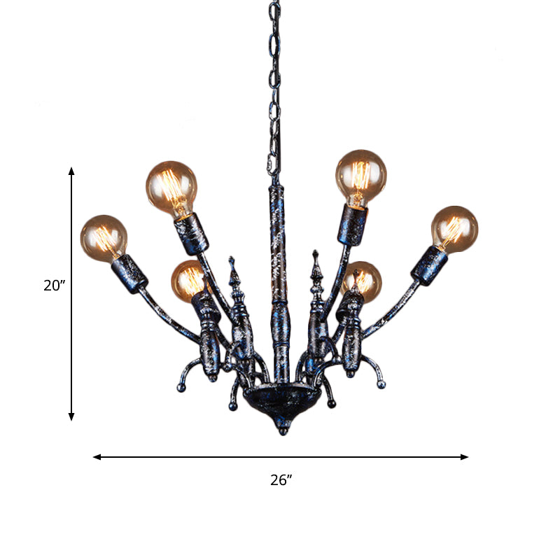 Bare Bulb Dining Room Chandelier Metallic Multi Head Vintage Pendant Light in Black