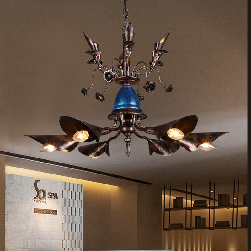Villa Horn Shade Chandelier Metallic 6 Bulbs Classic Style Pendant Light in Rust