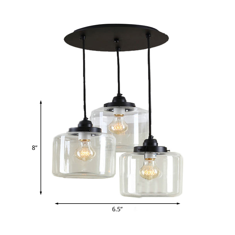 3 Lights Multiple Hanging Light Traditional Jar Shape Clear Glass Pendant Lighting in Black, Round Canopy