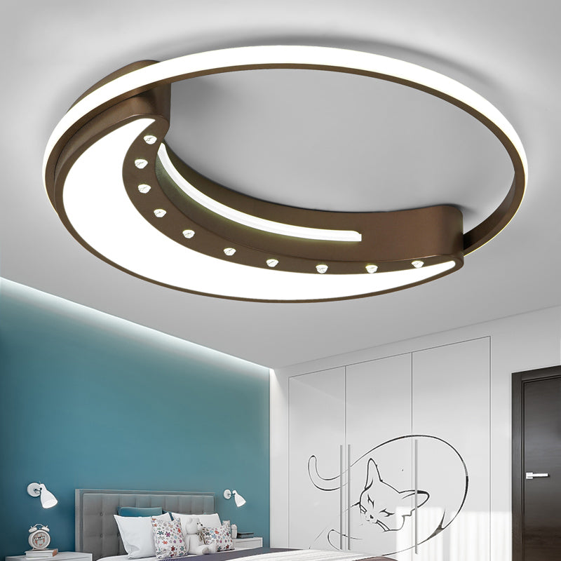 Moon Shaped Ceiling Mounted Fixture with Crystal Accent Modern Metal Brown Bedroom LED Flush Mount Lighting in Warm/White,16"/19.5"/23.5" Wide