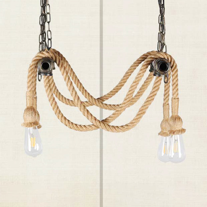 Wrought Iron Bronze Suspension Light Open Bulb 4 Lights Antique Style Chandelier Lamp with Hemp Rope for Bar