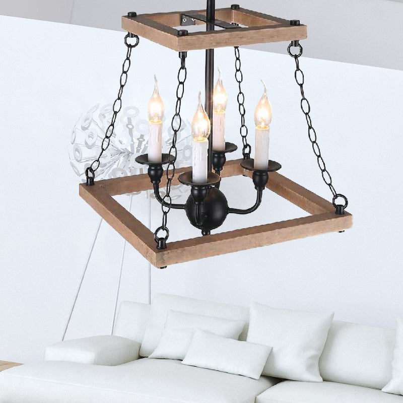 Brown Trapezoid Chandelier Lamp with Flameless Candle Farmhouse Metal and Wood 4-Light Kitchen Hanging Lamp