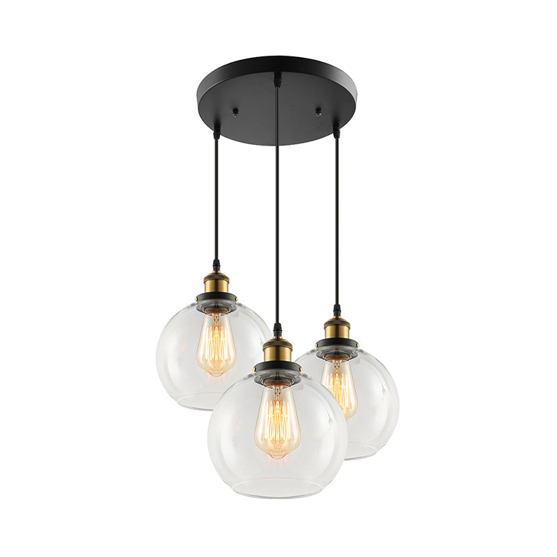 3/4-Light Clear Glass Multi Hanging Light Fixture Industrial Antique Brass Orb Living Room Pendant with Round Canopy