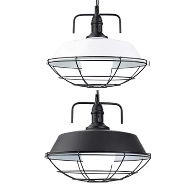 Metal Barn Pendant Light Fixture Industrial 14"/18" W 1 Light Living Room Hanging Lamp with Cage in Black/White