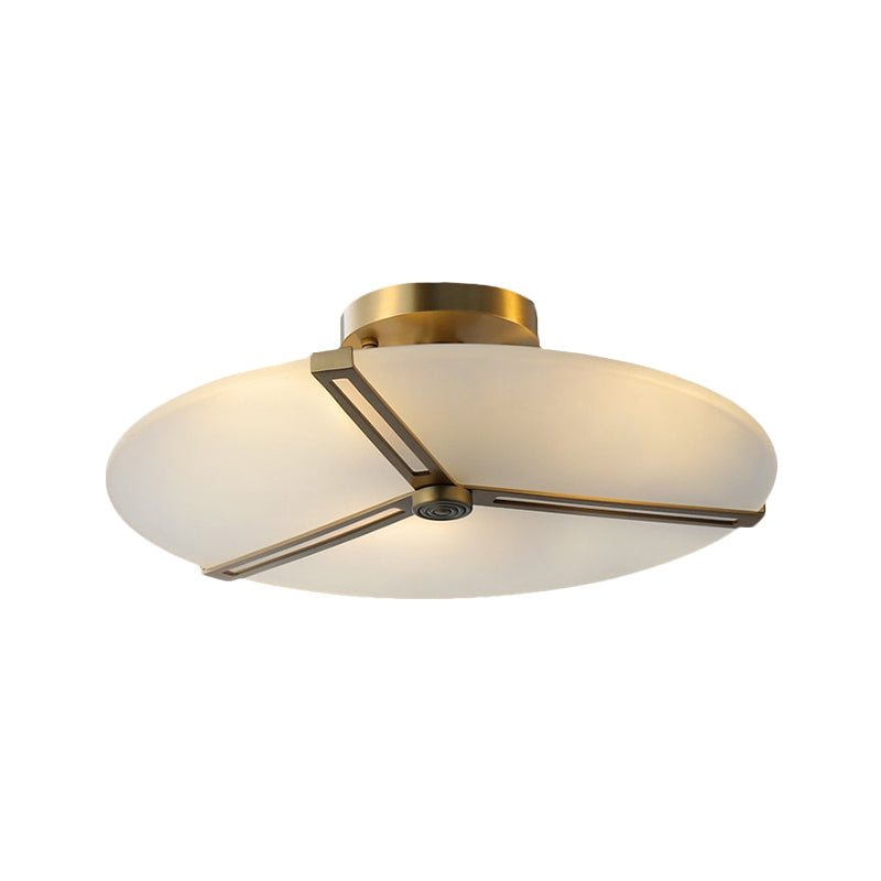 Brass 3-Head Ceiling Fixture Vintage Milky Glass Clock Semi Flush Mount Lighting for Bedroom