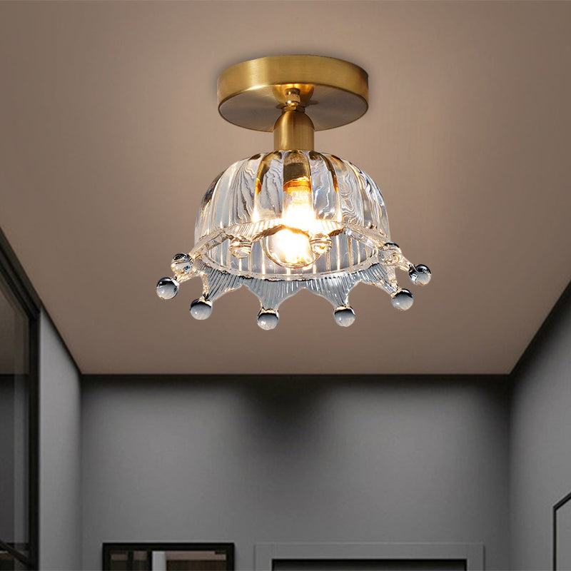 Clear Fluted Glass Brass Semi Mount Inverted Crown Single Bulb Antiqued Close to Ceiling Light